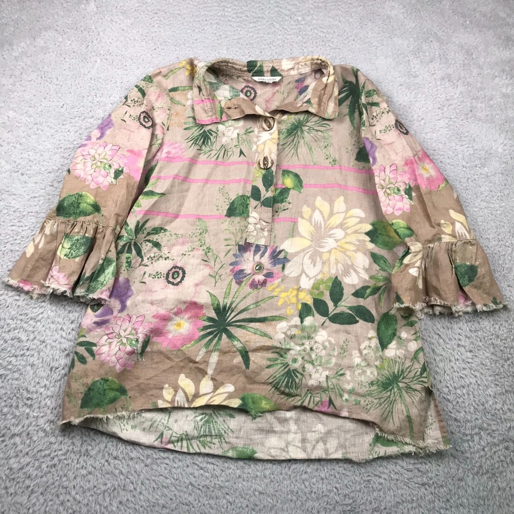 John Mark Shirt Womens S Floral 100% Linen Lagenlook Popover Henley Cottagecore